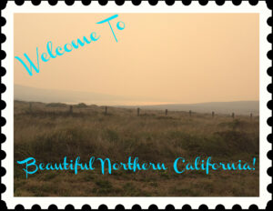 a comedic postcard of South Beach during the Camp fire labeled "Welcome to Beautiful Northern California