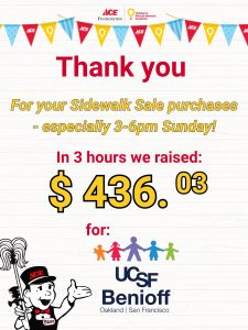 In 3 hours on Sunday 5/30, you helped us raise $436 for UCSF Benioff Children's Hospitals! THANK YOU!